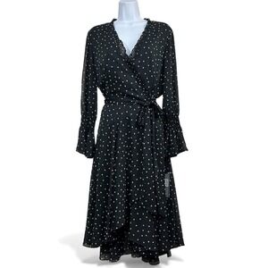 Tahari Polka Dot Faux Wrap Dress 8 Black White Asymmetrical Hem Sheer Ruffle